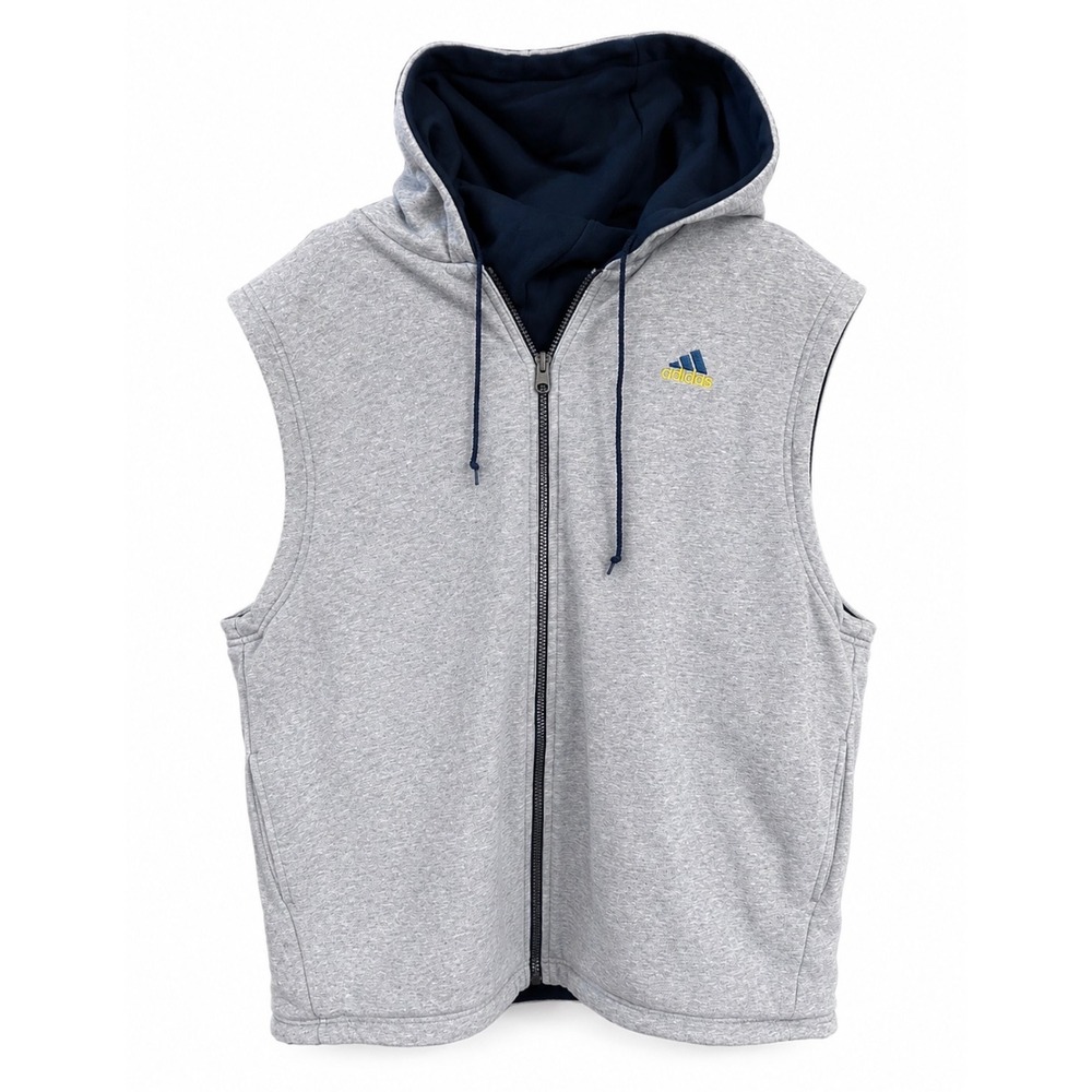 Y2K Adidas Reversible Hooded Vest Navy Gray Full‎ Zip Sleeveless Hoodie Large